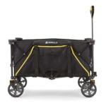 Black and yellow foldable cart by Gorilla, with four wheels and a handle.