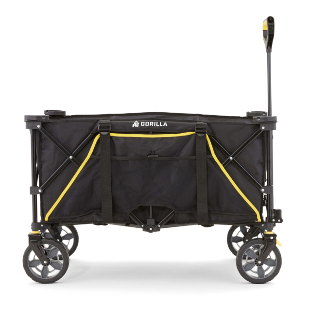 Black and yellow foldable cart by Gorilla, with four wheels and a handle.