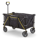Black Gorilla Made utility cart with yellow accents and four wheels.