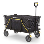 Black and yellow Gorilla Made utility cart with durable wheels and handle.
