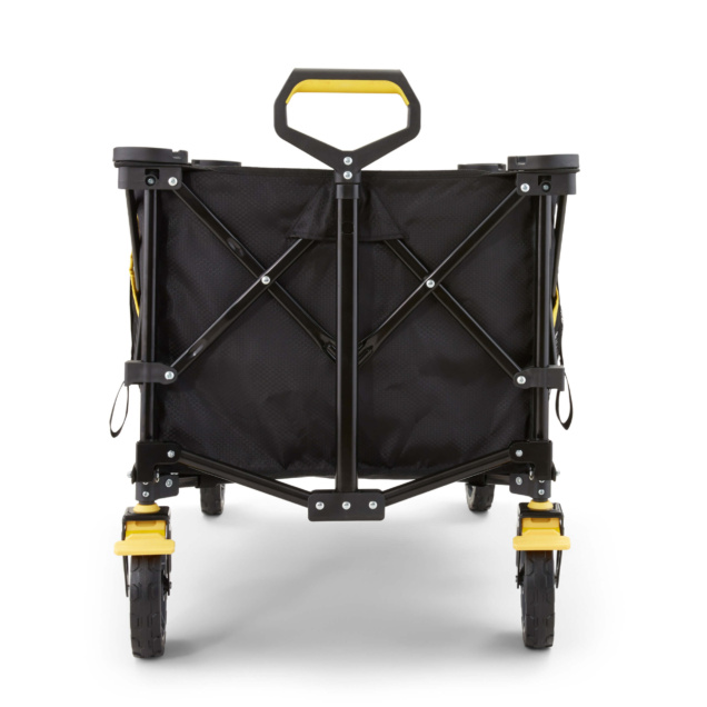 Black utility cart with yellow handle, designed for heavy-duty tasks.