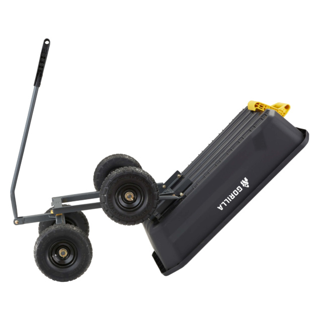 Black utility cart with handle, yellow details, and "GORILLA" logo on side.