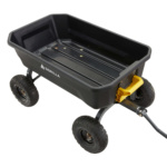 Black Gorilla utility cart with yellow handle and four wheels, showcasing durability.