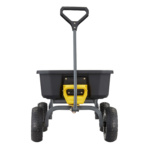 Black utility cart with four rugged wheels and yellow accents.
