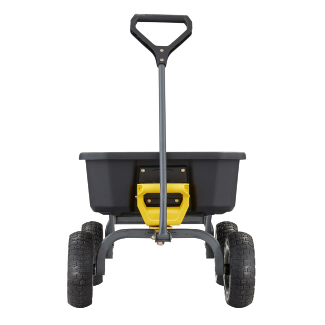 Black utility cart with four rugged wheels and yellow accents.