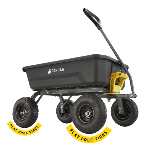 Heavy-duty black utility cart by Gorilla with flat free tires, yellow release handle.