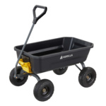 Black Gorilla utility cart with four wheels and yellow latch, designed for durability.