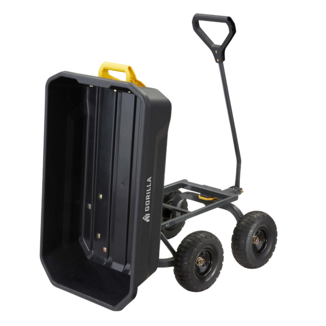 Black Gorilla utility cart with yellow handle; sturdy design for tough tasks.