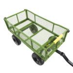 Green metal utility cart with a mesh design and four black wheels.