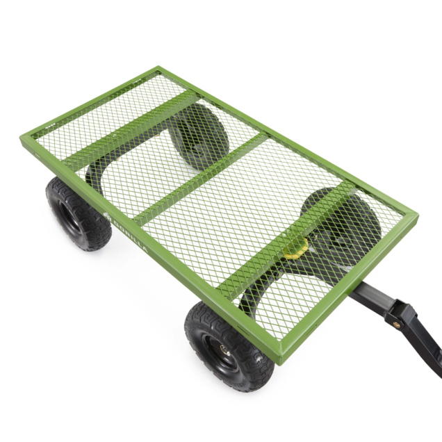 Green metal utility cart with mesh bed and black tires, by Gorilla Made.