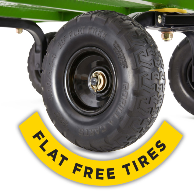Black Gorilla Cart wheel, text "FLAT FREE TIRES" on a yellow arc at the bottom.