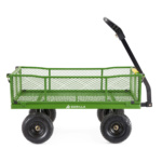 Green Gorilla utility cart with mesh sides and black handle, featuring rugged tires.