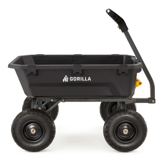 Black Gorilla utility cart with four pneumatic wheels and a sturdy handle.