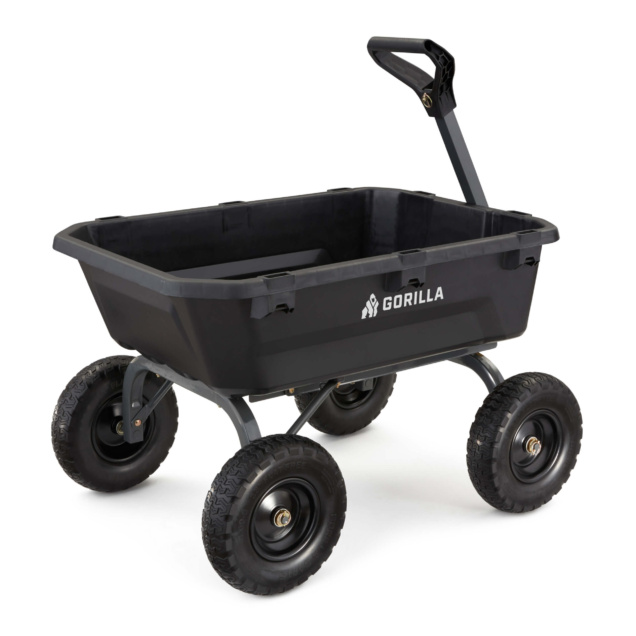Black Gorilla utility cart with four wheels and a sturdy handle. Text reads "GORILLA."
