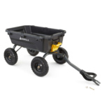 Black utility cart by Gorilla Made with four wheels and a yellow latch.