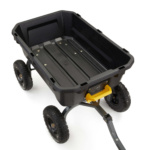 Black utility cart with four sturdy wheels and a yellow handle, Gorilla Made.