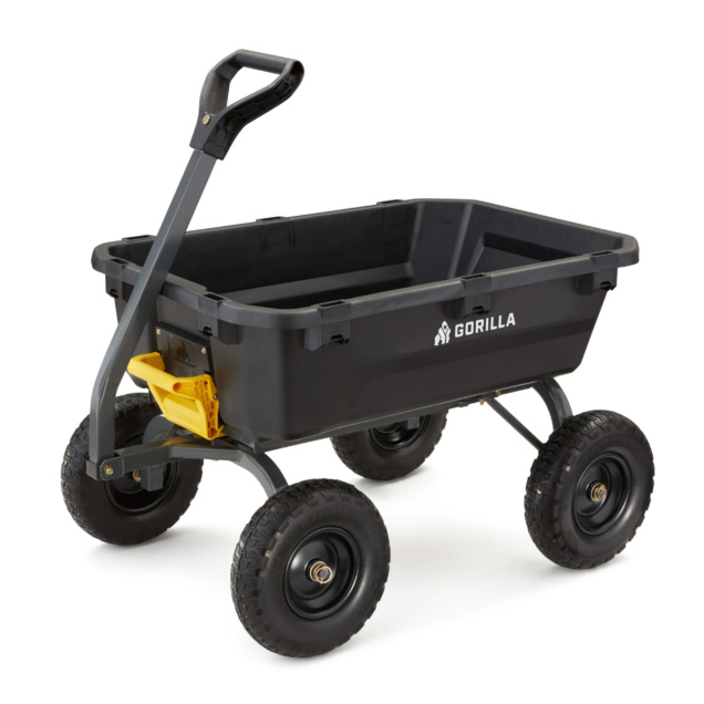 Black Gorilla utility cart with four wheels, yellow lever, sturdy handle.