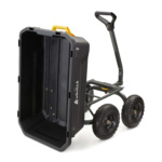 Black Gorilla utility cart with yellow handle and large wheels, engineered for durability.
