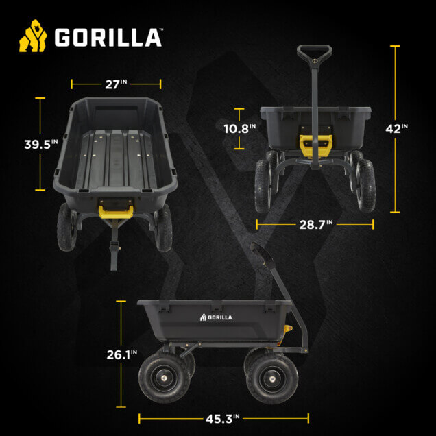Infographic of Gorilla utility cart dimensions: 39.5 inches long, 27 inches wide, 42 inches high.