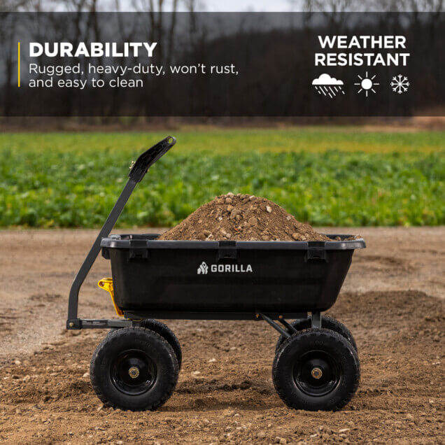 Gorilla Made utility cart filled with soil, labeled "DURABILITY" and "WEATHER RESISTANT".