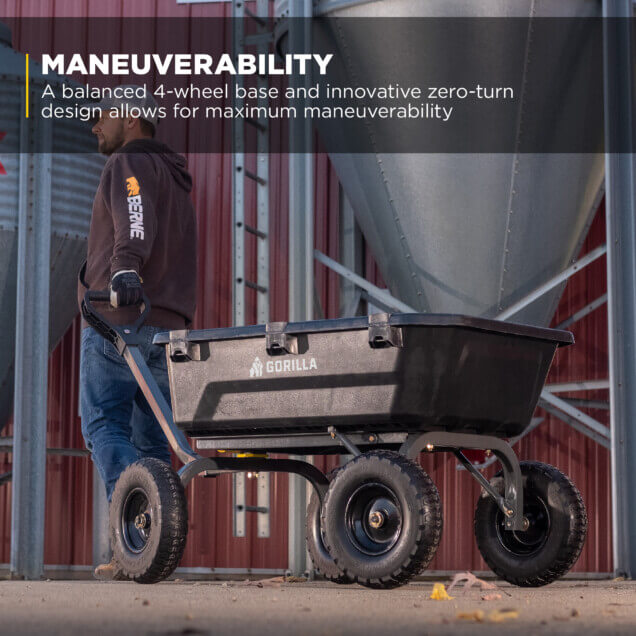 Gorilla Made cart with maneuverability text: "A balanced 4-wheel base and innovative zero-turn design allows for maximum maneuverability."
