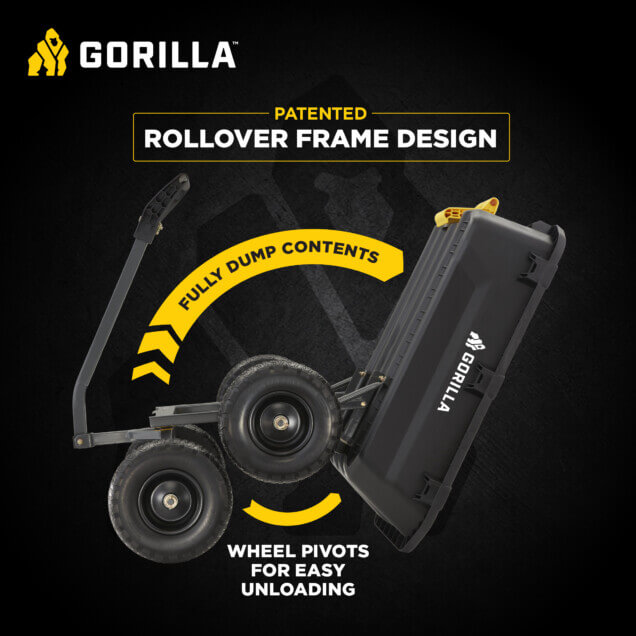 Gorilla wheelbarrow with patented rollover frame design for easy unloading.