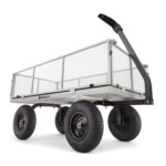 Heavy-duty Gorilla Made utility cart with metal mesh sides and large black wheels.