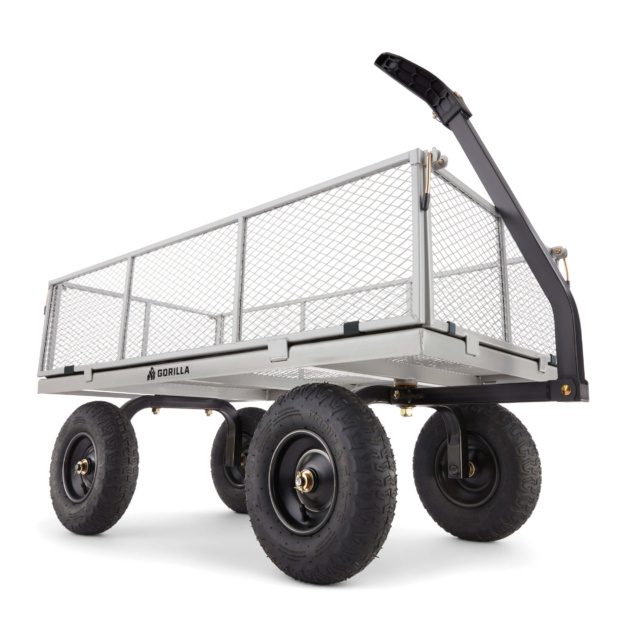 Heavy-duty Gorilla Made utility cart with metal mesh sides and large black wheels.
