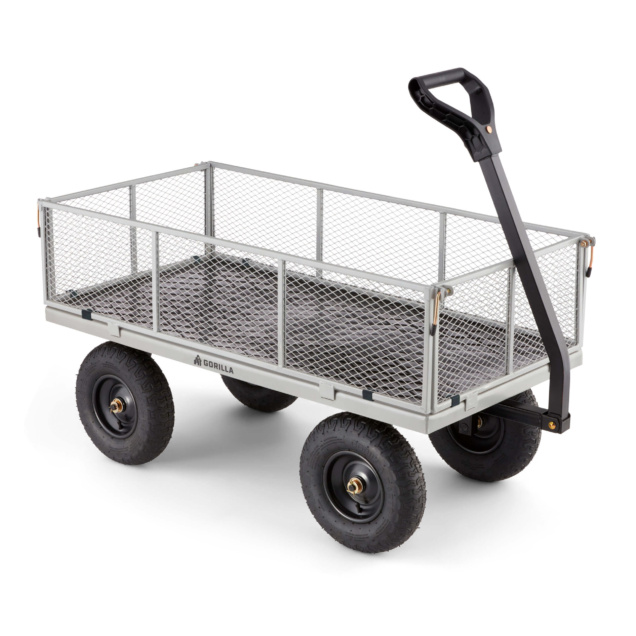 Heavy-duty Gorilla Made utility cart with metal mesh sides and black handle.
