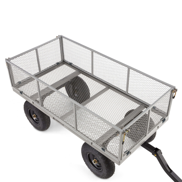 Heavy-duty gray metal utility cart with mesh sides and black wheels, labeled "Gorilla."