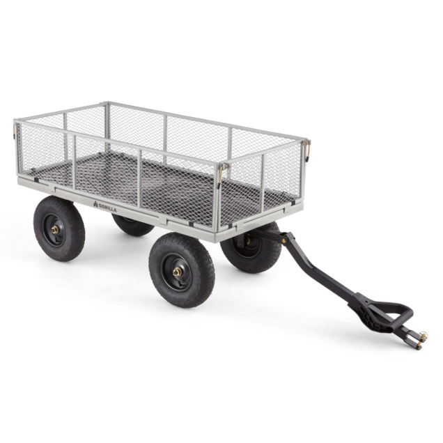 Heavy-duty Gorilla utility cart with mesh sides and black tires.