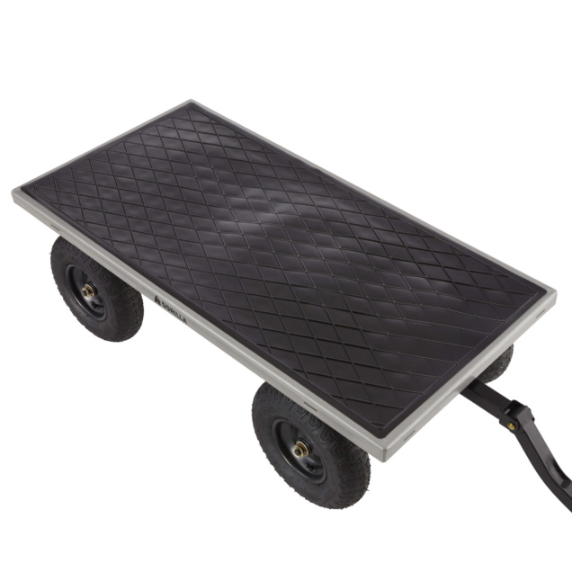 Black utility cart with textured surface and four wheels. Gorilla Made logo visible.