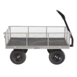 Heavy-duty gray utility cart by Gorilla Made, featuring four black wheels and mesh sides.