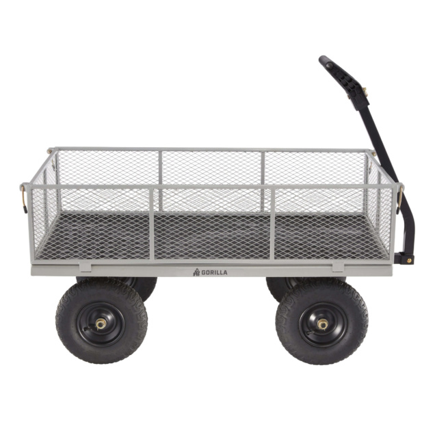 Heavy-duty gray utility cart by Gorilla Made, featuring four black wheels and mesh sides.