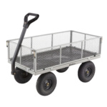 Heavy-duty Gorilla Made mesh cart with black handle and four robust black wheels.