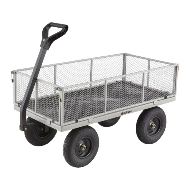 Heavy-duty Gorilla Made mesh cart with black handle and four robust black wheels.
