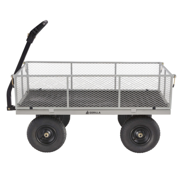 Heavy-duty grey cart with mesh sides and black handle by Gorilla Made.