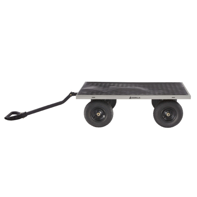 Gorilla Made heavy-duty utility cart with black mesh platform and rubber wheels.