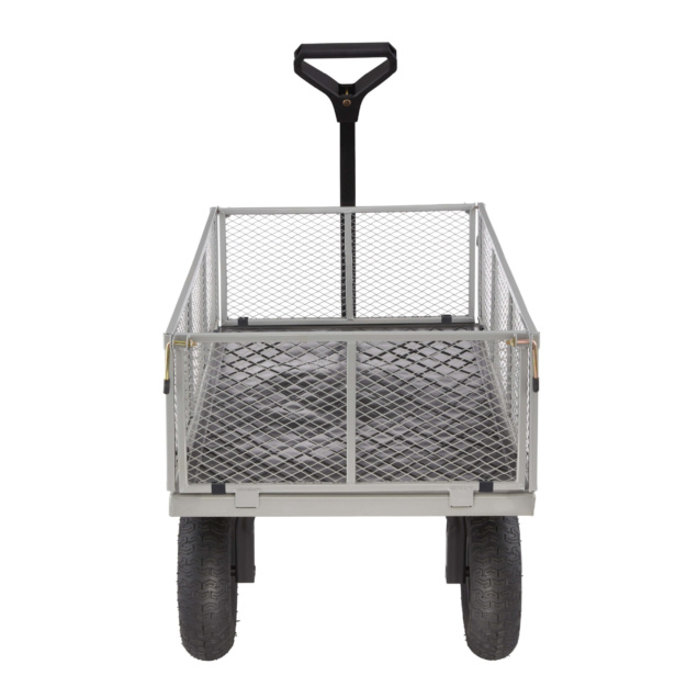 Heavy-duty metal utility cart by Gorilla Made; mesh sides, black handle, large wheels.