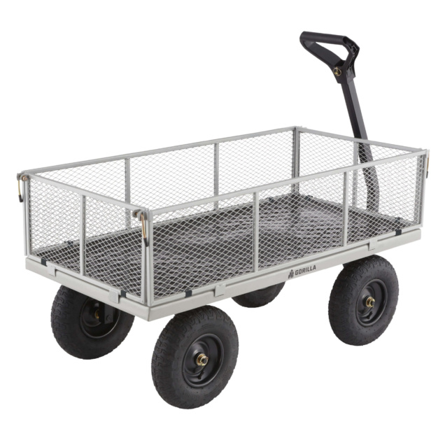 Gray mesh utility cart with black handle and four wheels, branded "Gorilla."
