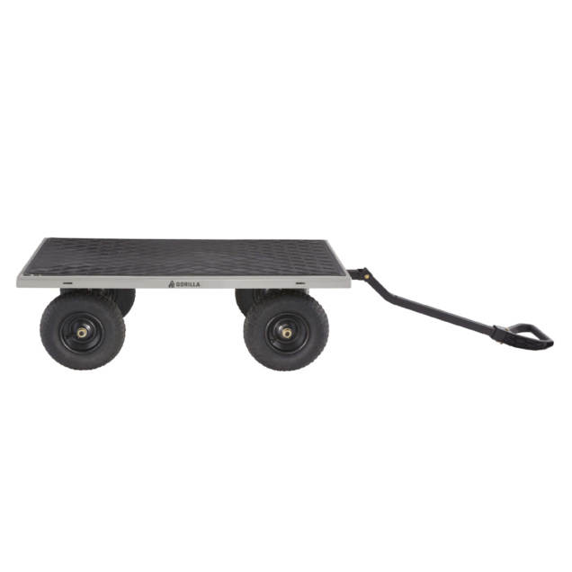 Gorilla Made utility cart with a black platform and four wheels.