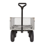 Heavy-duty silver metal utility cart with black handle and large wheels.