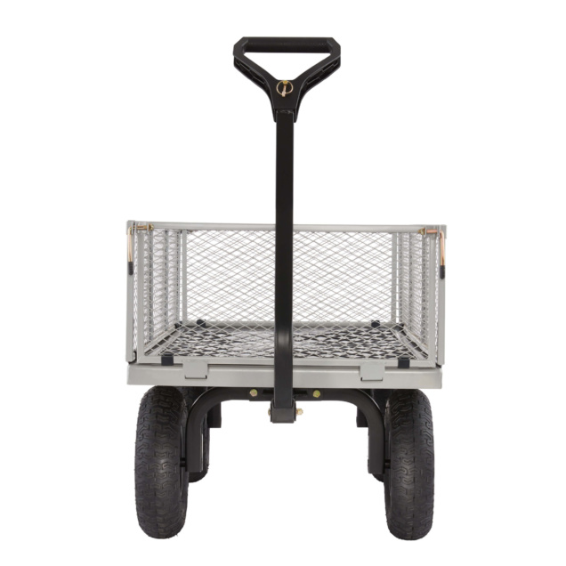 Heavy-duty silver metal utility cart with black handle and large wheels.