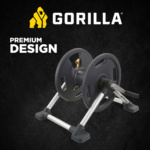 Gorilla Made hose reel with "PREMIUM DESIGN" text, yellow logo on black background.
