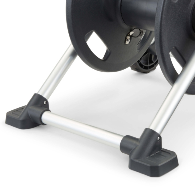 Close-up of Gorilla Made GRS 175H hose reel stand with black and silver design.