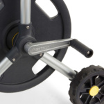 Close-up of GORILLA utility reel handle and wheel, with a black and silver design.