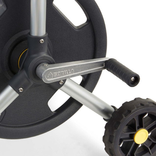 Close-up of GORILLA utility reel handle and wheel, with a black and silver design.