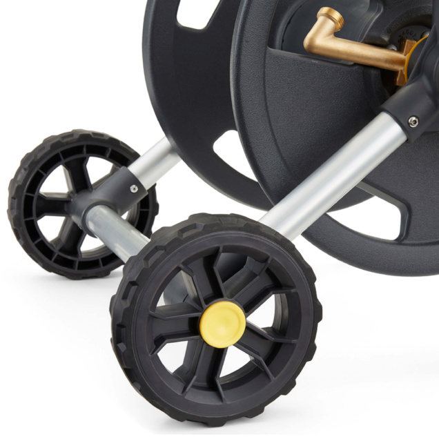 Gray garden hose reel with black wheels and yellow hubs, for Gorilla Made.
