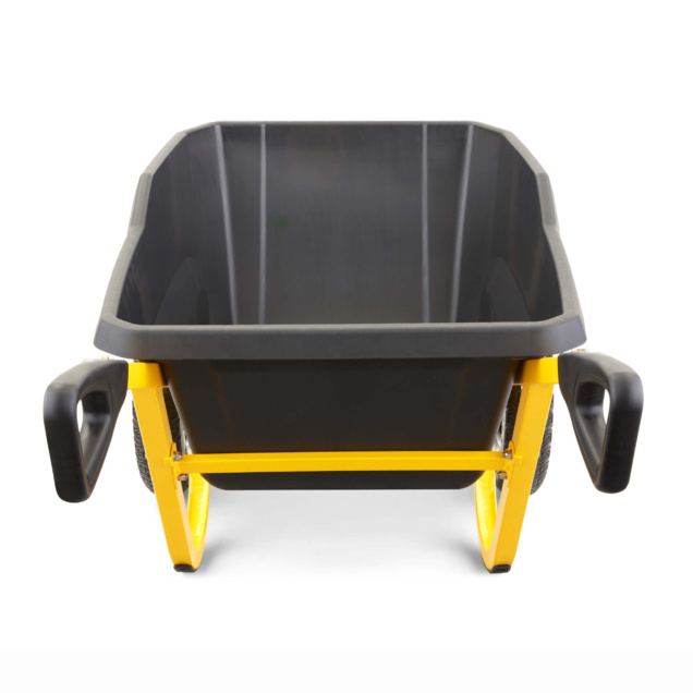 Heavy-duty Gorilla Made cart with black tray and yellow frame, designed for tough tasks.