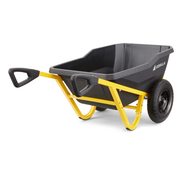 Heavy-duty Gorilla Made cart with yellow frame and black tub; single black wheel.
